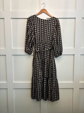 Ann Taylor Black and Cream Striped Floral Midi Dress